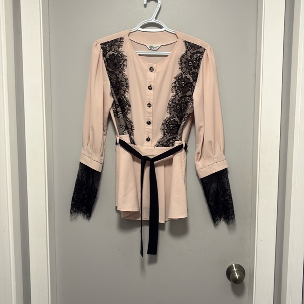 Black Lace And Peach Blouse with waist tie
